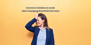 A woman in a business suit stands in front of a bright yellow background, holding her forehead in a gesture of frustration.