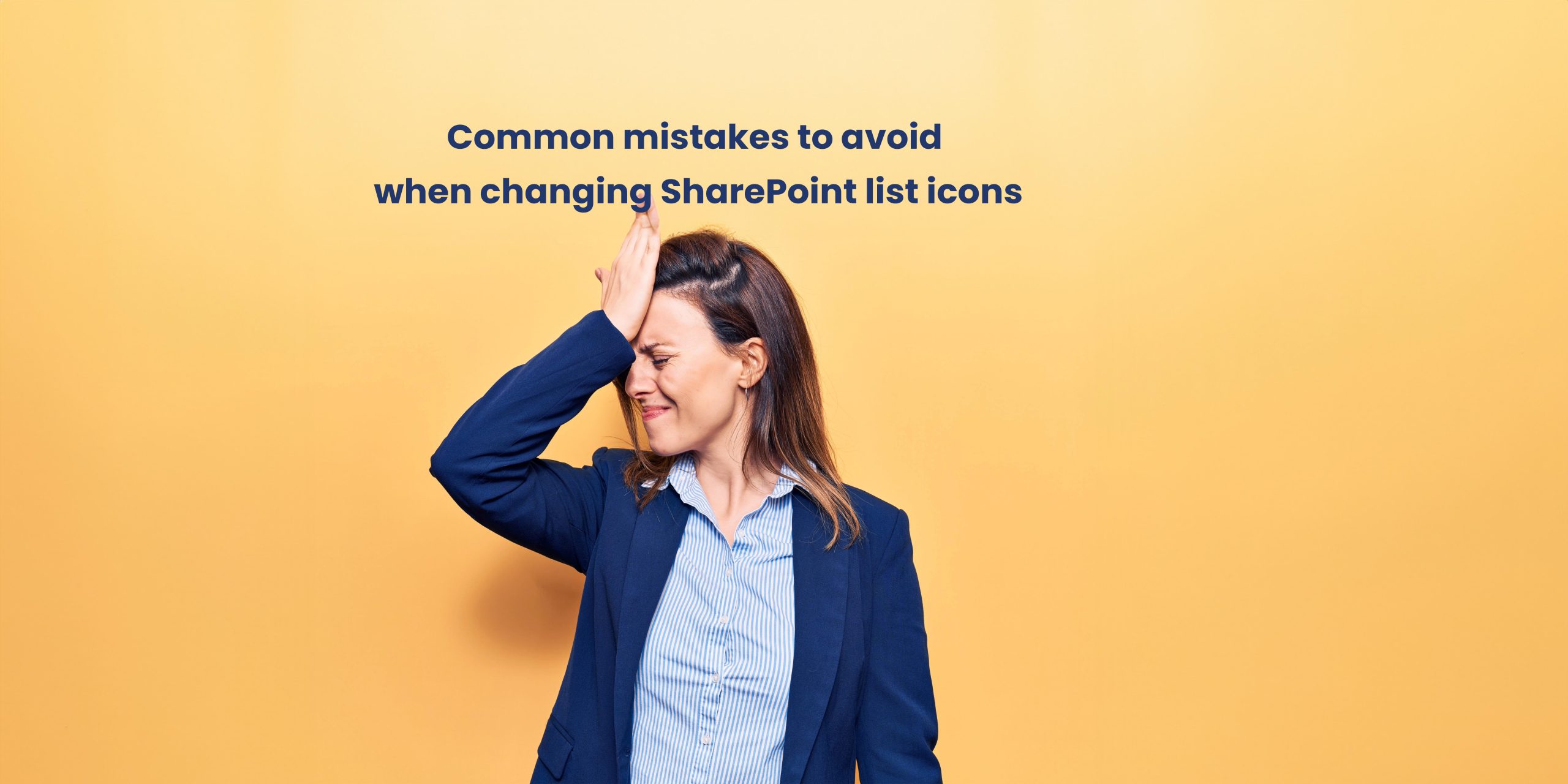 A woman in a business suit stands in front of a bright yellow background, holding her forehead in a gesture of frustration.