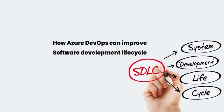 A hand holding a marker is writing "SDLC" in red on a white background. The text "How Azure DevOps can improve Software development lifecycle" is positioned above.