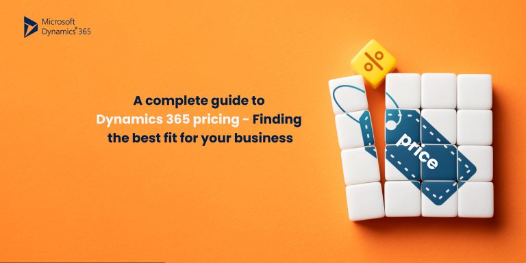 A visual representation of pricing for Microsoft Dynamics 365, featuring a price tag attached to a block of white cubes on an orange background.
