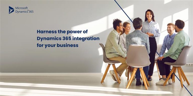 A diverse group of six professionals is seated in a semi-circle, engaged in discussion. They are in a bright, modern office space with large windows. The text on the image reads, "Harness the power of Dynamics 365 integration for your business," along with the Microsoft Dynamics 365 logo.