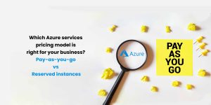 A magnifying glass over the Azure logo, with yellow confetti scattered around. The text reads, "Which Azure services pricing model is right for your business? Pay-as-you-go vs Reserved instances."