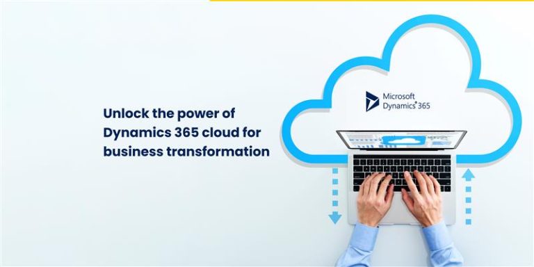 A person typing on a laptop with a cloud graphic above, featuring the Microsoft Dynamics 365 logo, symbolizing business transformation through technology.