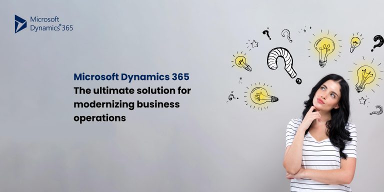 A thoughtful woman in a striped shirt stands with her hand on her chin. Surrounding her are illustrations of light bulbs and question marks, symbolizing ideas and curiosity. The text on the image reads, "Microsoft Dynamics 365 - The ultimate solution for modernizing business operations."