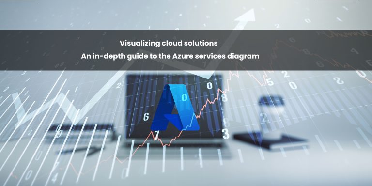 A computer screen displaying a diagram of Azure services, with upward trending graphs and a modern workspace environment.
