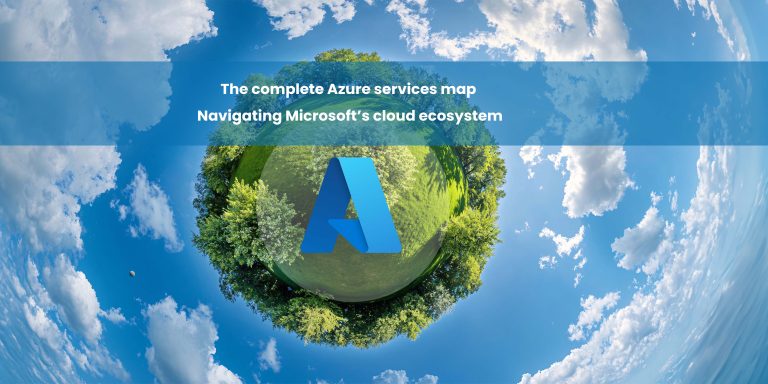 A spherical planet-like image of lush green trees under a blue sky with scattered clouds. The image prominently features the Microsoft Azure logo in the center. Above the planet, a blue overlay contains the text "The complete Azure services map" and "Navigating Microsoft's cloud ecosystem."