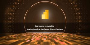 A digital graphic illustrating the concept of transforming data into insights, featuring a Power BI logo and a visually engaging background.