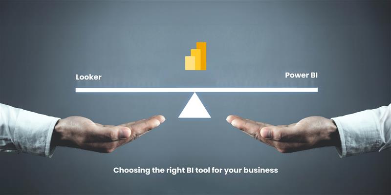 Two hands are holding a balance scale with "Looker" on one side and "Power BI" on the other, with a graphic of bar charts in the center. The text below reads, "Choosing the right BI tool for your business."