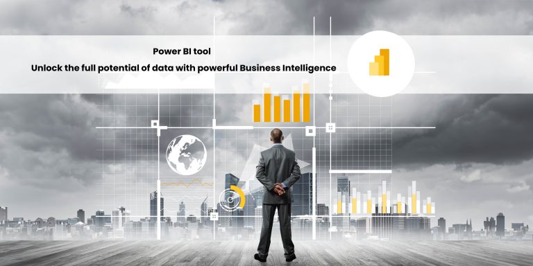 A business professional stands with their back to the viewer, looking out over a cityscape. Charts and graphs are displayed in front of them, symbolizing data analysis and business intelligence.
