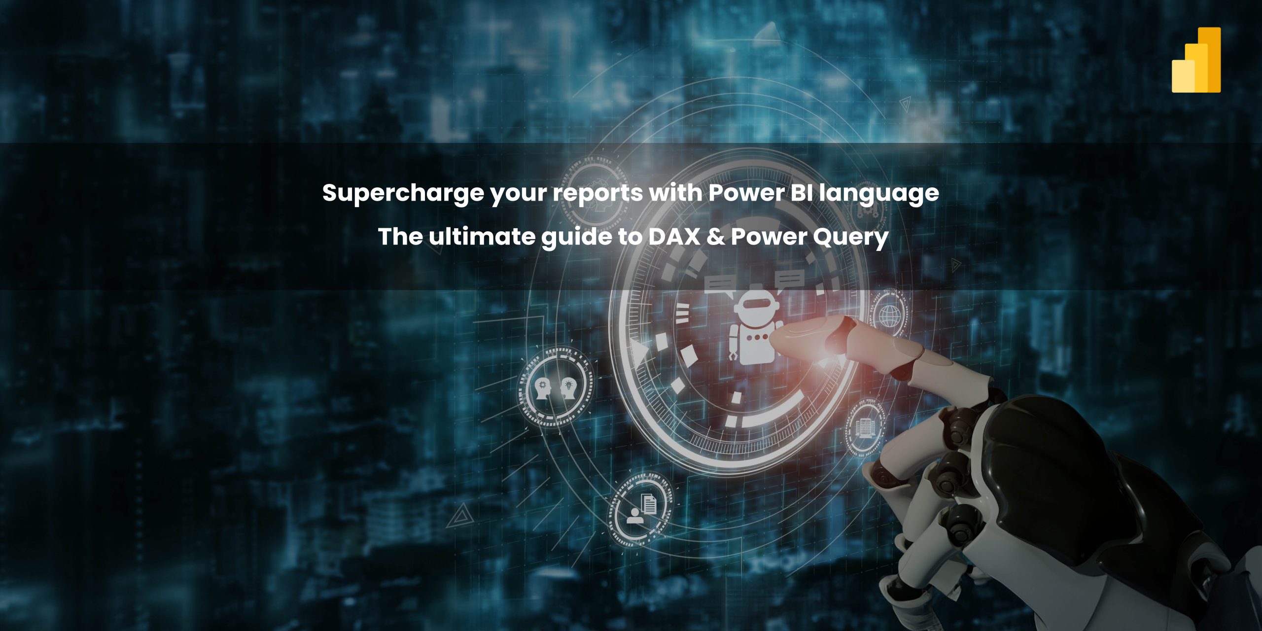 A robotic hand interacting with a digital interface featuring data visualization elements, with text overlay about Power BI language.