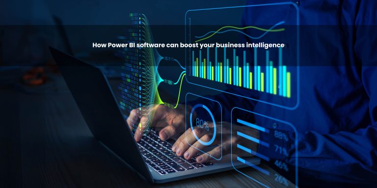 A person using a laptop with overlaid digital graphics representing data analysis and business intelligence metrics.