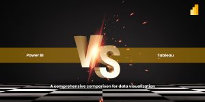 A graphic comparing Power BI and Tableau for data visualization. The text "Power BI" and "Tableau" are on either side of a shiny "VS" in the center, with a black background and a checkered floor pattern below.