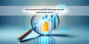 A magnifying glass focusing on a bar graph and line chart, symbolizing data analysis. Text overlay reads "Unlock the power of seamless data integration with Power BI data sources."