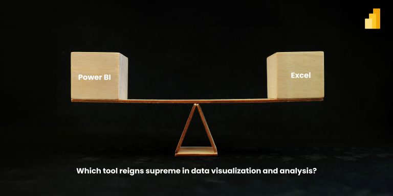 A balance scale with two wooden blocks labeled "Power BI" and "Excel." The scale is evenly balanced against a black background.