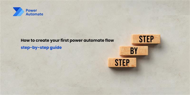 Image showing wooden blocks stacked to spell "STEP BY STEP" alongside the text "How to create your first power automate flow" and the Power Automate logo.