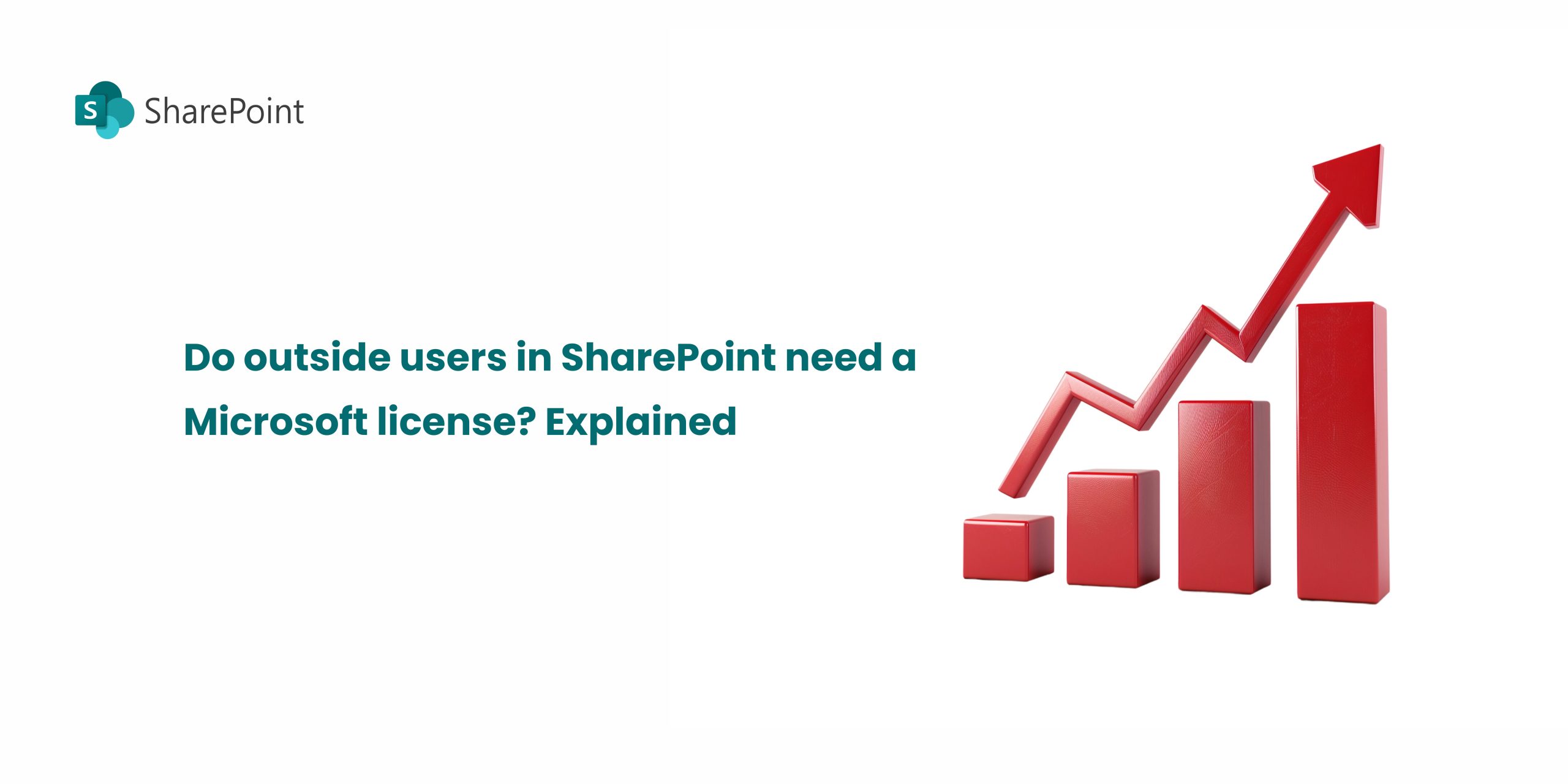 A graphic featuring a red upward trend graph with the text "Do outside users in SharePoint need a Microsoft license? Explained" alongside the SharePoint logo.