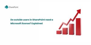 A graphic featuring the SharePoint logo and a rising bar graph, accompanied by the text "Do outside users in SharePoint need a Microsoft license? Explained."