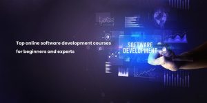 A hand reaching towards a glowing interface displaying various graphs and charts with the text "SOFTWARE DEVELOPMENT," accompanied by the phrase "Top online software development courses for beginners and experts."