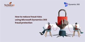 A graphic showing two people using laptops, linked by a red padlock symbolizing fraud protection, with the text "How to reduce fraud risks using Microsoft Dynamics 365 fraud protection."
