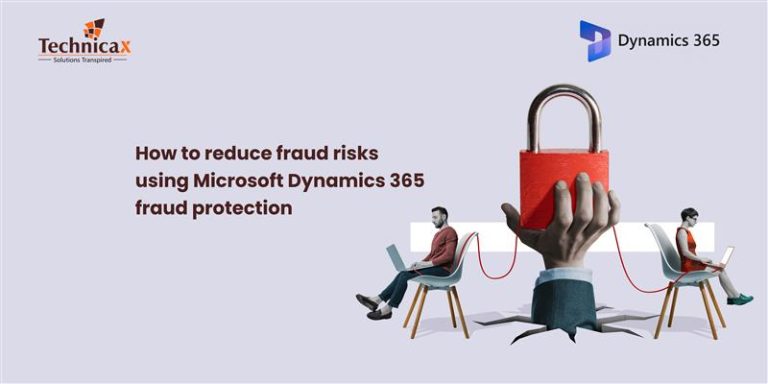 A graphic showing two people using laptops, linked by a red padlock symbolizing fraud protection, with the text "How to reduce fraud risks using Microsoft Dynamics 365 fraud protection."