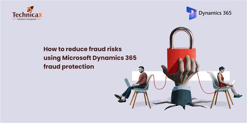 A graphic showing two people using laptops, linked by a red padlock symbolizing fraud protection, with the text "How to reduce fraud risks using Microsoft Dynamics 365 fraud protection."